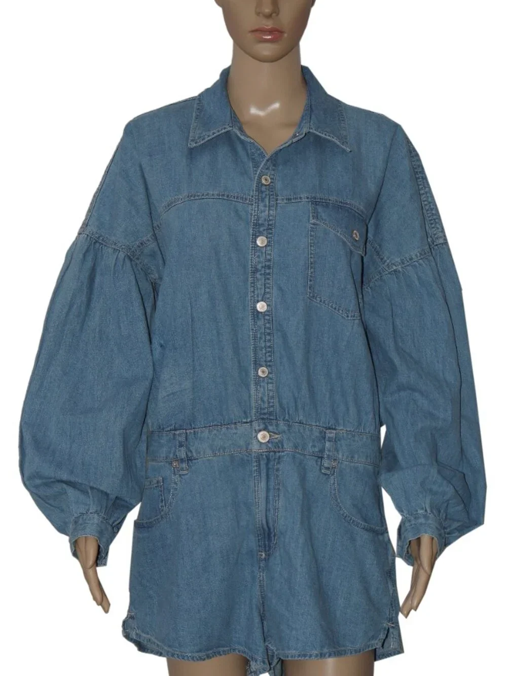 Free People We The Free Zodiac Chambray One-Piece Collared Neck Romper M - Picture 2 of 6